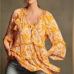Anthropologie Floral Ruffle Yellow Top, Size XS